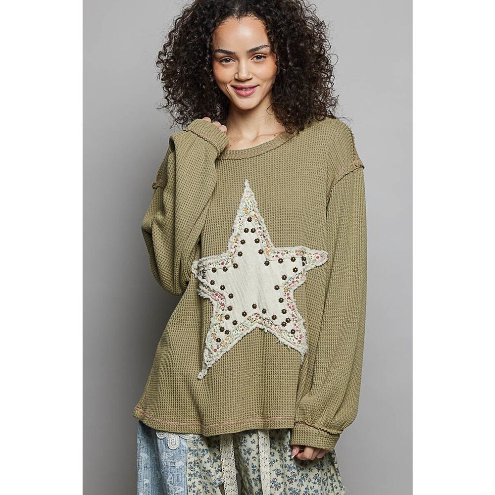 "Stella" Star Applique Studded Thermal Top in Olive